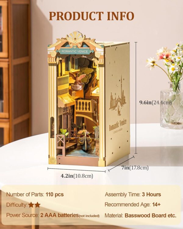 ROBOTIME Book Nook Kits For Adults Romantic Venice With Dust Cover, Booknook DIY Miniature House Kit 3D Wooden Puzzle Bookend Bookshelf Decoration Gifts TGB08 - Image 2