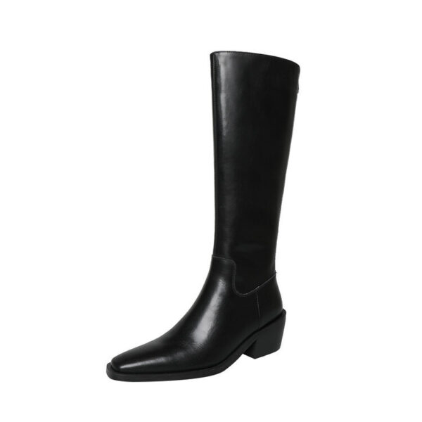 British Style Square Toe Mid-heel Thick Heel White Cowhide High Leg Boot Back Zipper - Image 4
