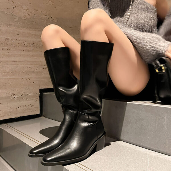 British Style Square Toe Mid-heel Thick Heel White Cowhide High Leg Boot Back Zipper - Image 7