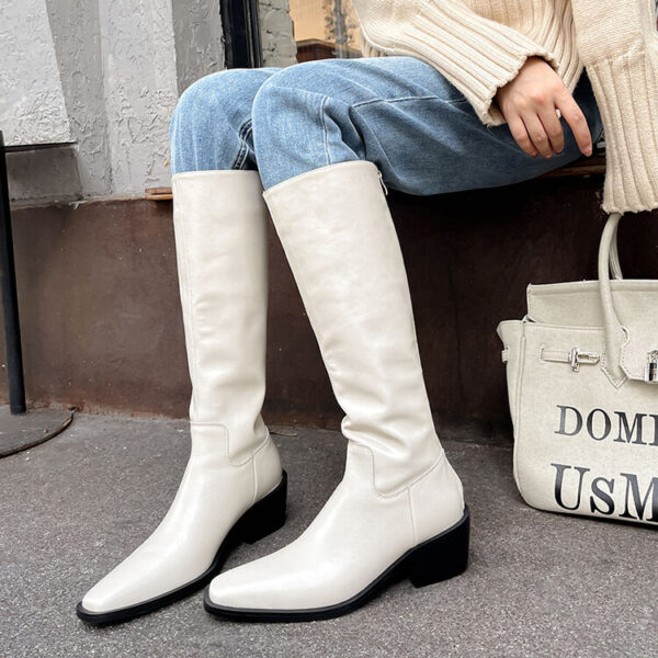 British Style Square Toe Mid-heel Thick Heel White Cowhide High Leg Boot Back Zipper - Image 6