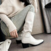 British Style Square Toe Mid-heel Thick Heel White Cowhide High Leg Boot Back Zipper - Image 3
