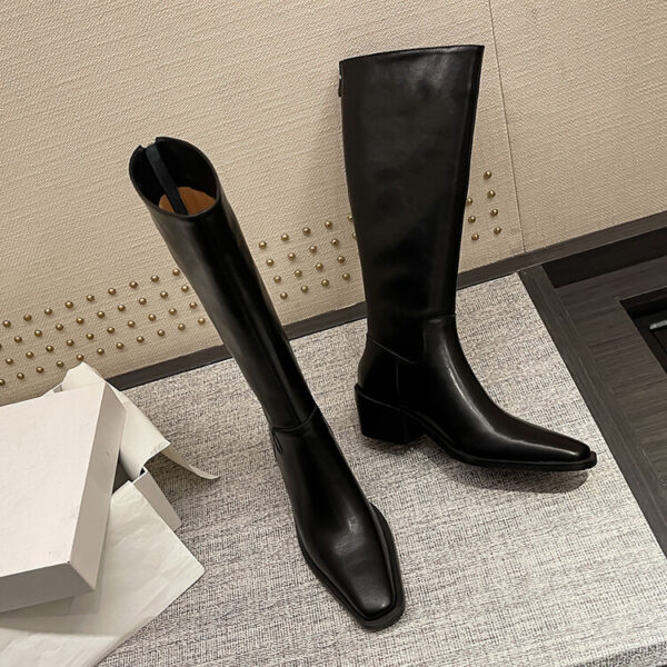 British Style Square Toe Mid-heel Thick Heel White Cowhide High Leg Boot Back Zipper - Image 8